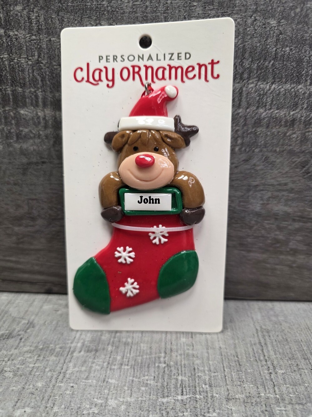 New Personalized Clay Ornament Reindeer Stocking Ceramic Christmas JOHN g56.1